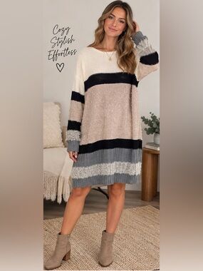 Umgee Colorblock Crew Neck Sweater Dress in Cream, Tan, Gray, Black NWT